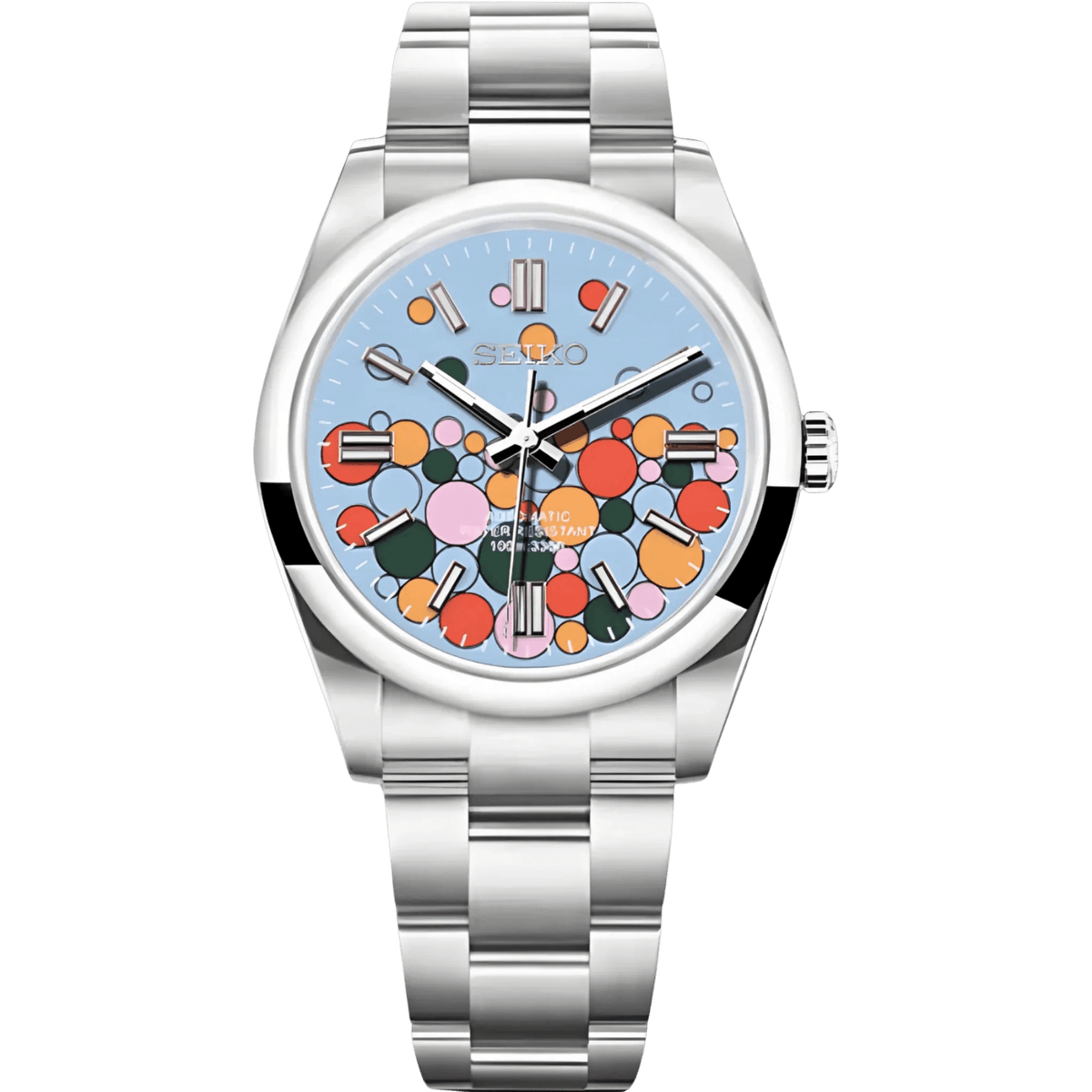 Montre automatique ModTime de style Oyster — configuration cadran «Bubblegum» (NH38), cadran bleu clair, cercles multicolores, vue de face