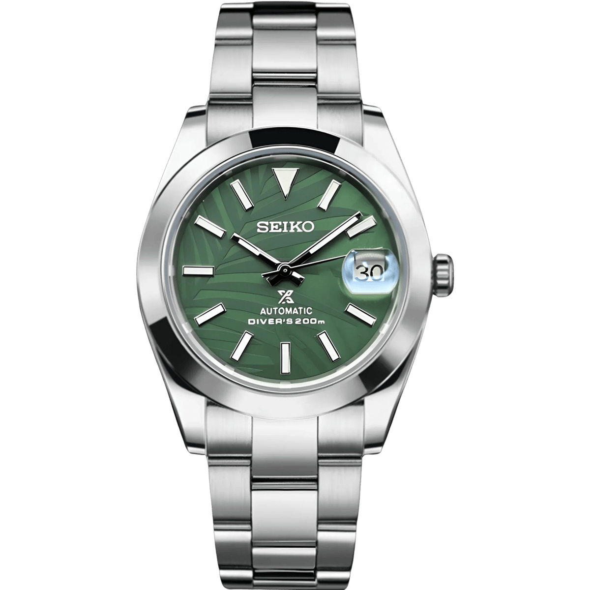 Montre automatique ModTime de style Oyster — configuration cadran vert (NH35), cadran vert, motif de feuilles et loupe de date, vue de face