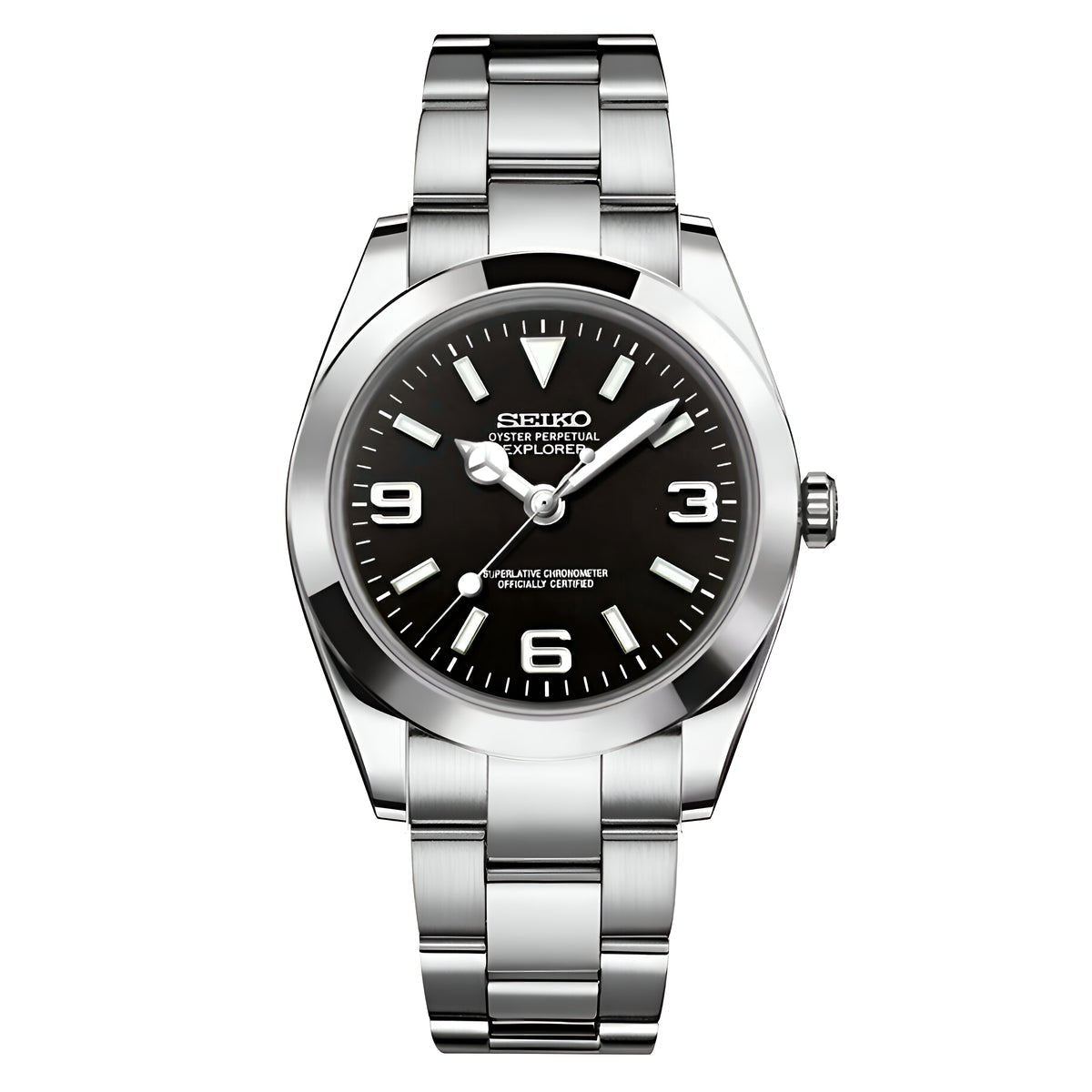 Montre automatique ModTime de style Oyster — configuration argentée, cadran noir (NH38), cadran noir, chiffres 3-6-9, vue de face