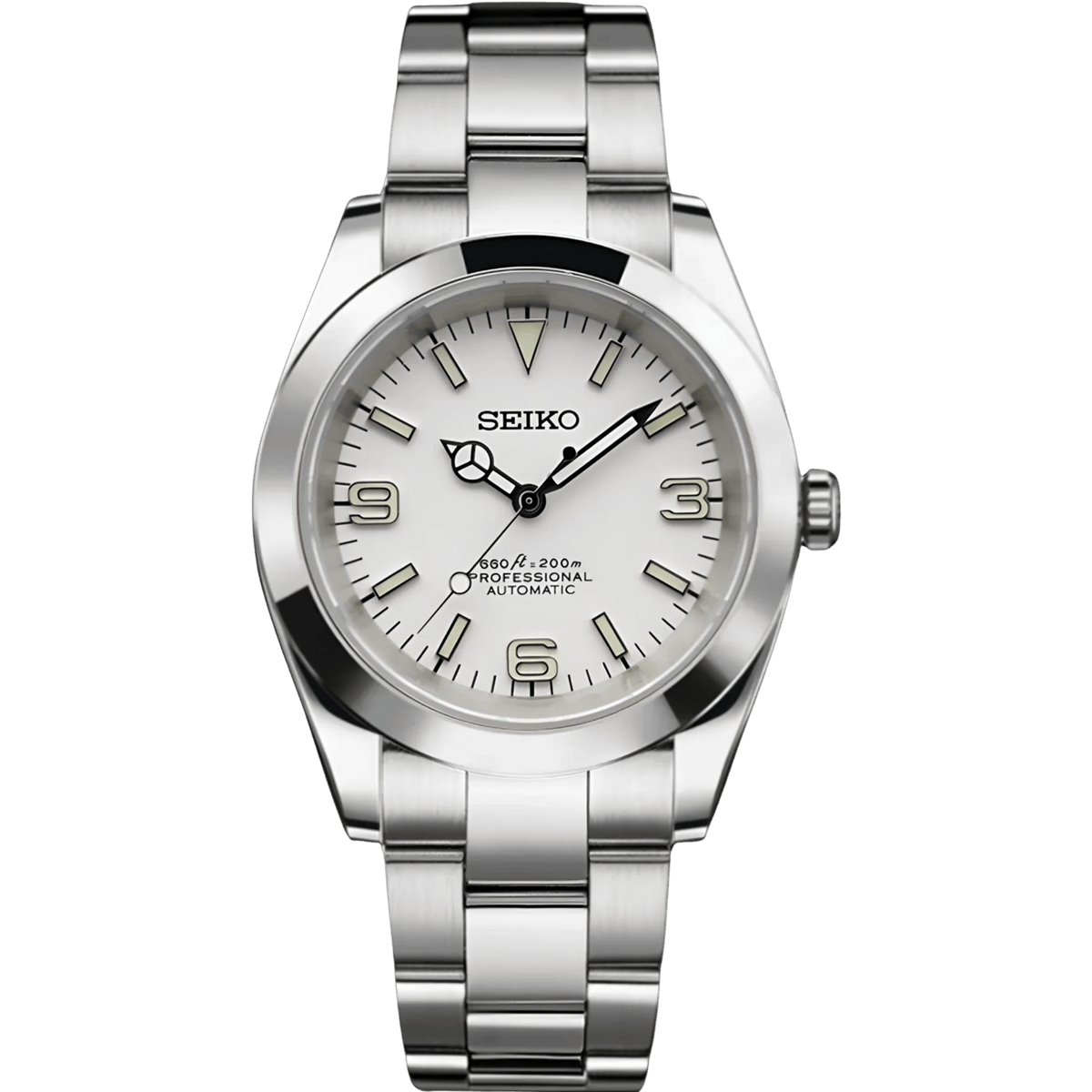 Montre automatique ModTime de style Oyster — configuration cadran blanc (NH38), cadran blanc, chiffres 3-6-9, vue de face