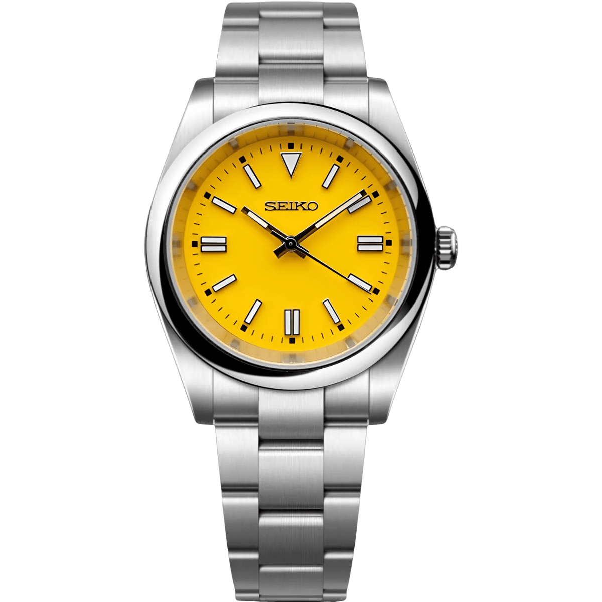 Montre automatique ModTime de style Oyster — configuration cadran jaune (NH38), cadran jaune, index horaires par paires, vue de face