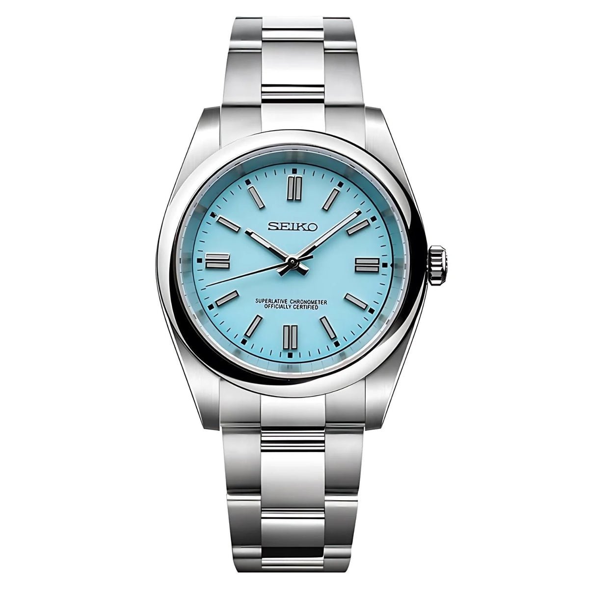 Montre automatique ModTime de style Oyster — configuration cadran bleu ciel (NH38), cadran bleu ciel, index horaires par paires, vue de face