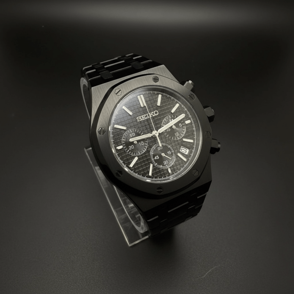 Royal Oak Chronograph Mod All Black black integrated bracelet Seiko mod style watch with VK63 movement by ModTime - case and bracelet detail