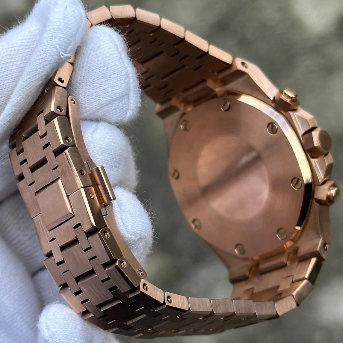 Royal Oak Chronograph Mod Rose Gold White Dial rose gold and gold Seiko mod style watch with VK63 movement by ModTime - side profile