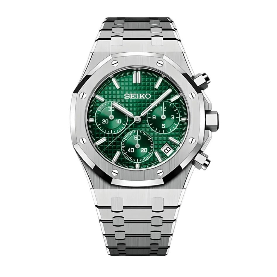 Chronographe méca-quartz ModTime de style Royal Oak — configuration argentée et verte (VK63), cadran vert, texture quadrillée, vue de face