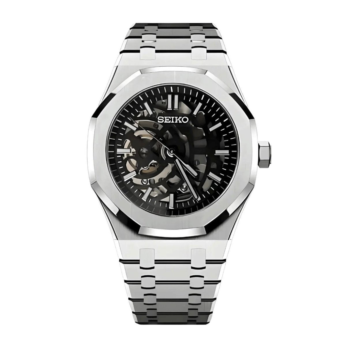 Montre automatique ModTime de style Royal Oak — configuration argentée, squelette (NH38), boîtier aux tons argentés, cadran ouvert, vue de face sur fond blanc