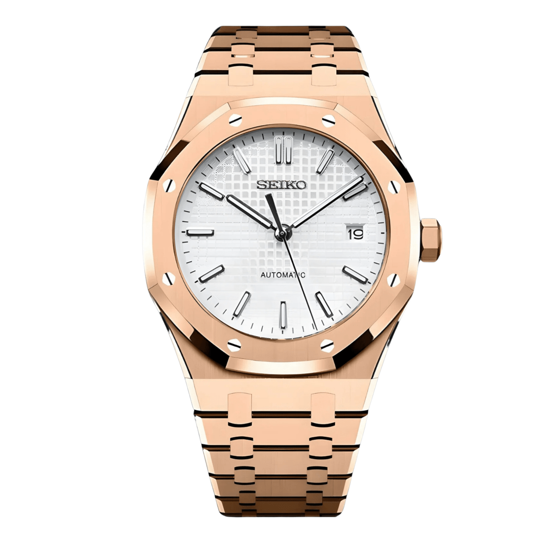 Montre automatique ModTime de style Royal Oak — configuration aux tons or rose et blancs (NH35), cadran blanc, texture quadrillée, vue de face sur fond blanc