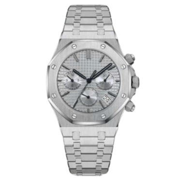 Chronographe méca-quartz ModTime de style Royal Oak — configuration argentée (VK63), cadran argenté, trois sous-cadrans, vue de face sur fond blanc