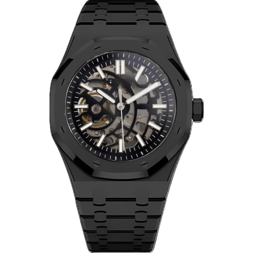 Montre automatique ModTime de style Royal Oak — configuration squelette, finition noire (NH38), boîtier noir, cadran ouvert, vue de face sur fond blanc