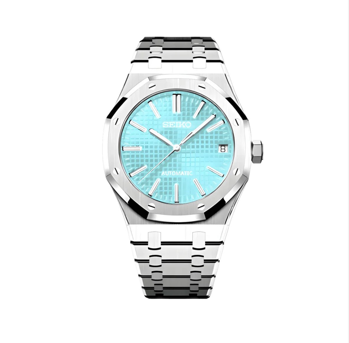 Montre automatique ModTime de style Royal Oak — configuration bleu clair (NH35), cadran bleu clair, guichet de date, vue de face sur fond blanc
