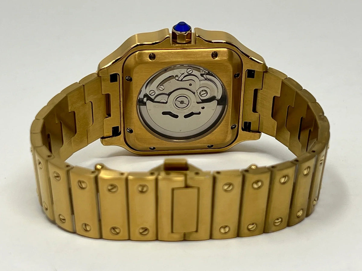 Montre automatique ModTime de style Santos — configuration aux tons dorés et blancs (NH38), boîtier aux tons dorés, fond transparent, vue arrière