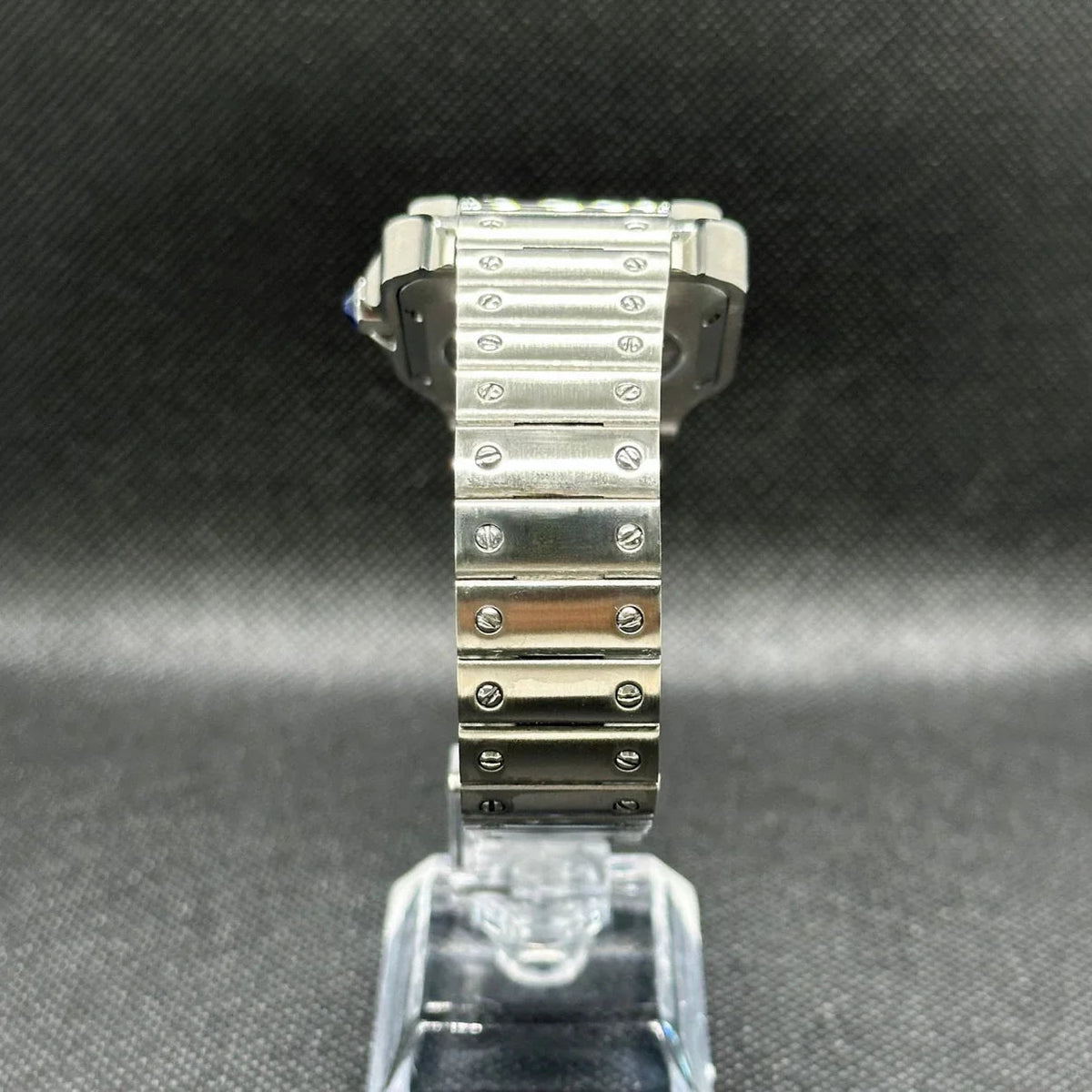 Montre automatique ModTime de style Santos — configuration argentée et marron (NH38), bracelet aux tons argentés, maillons à vis apparentes, vue du bracelet de face