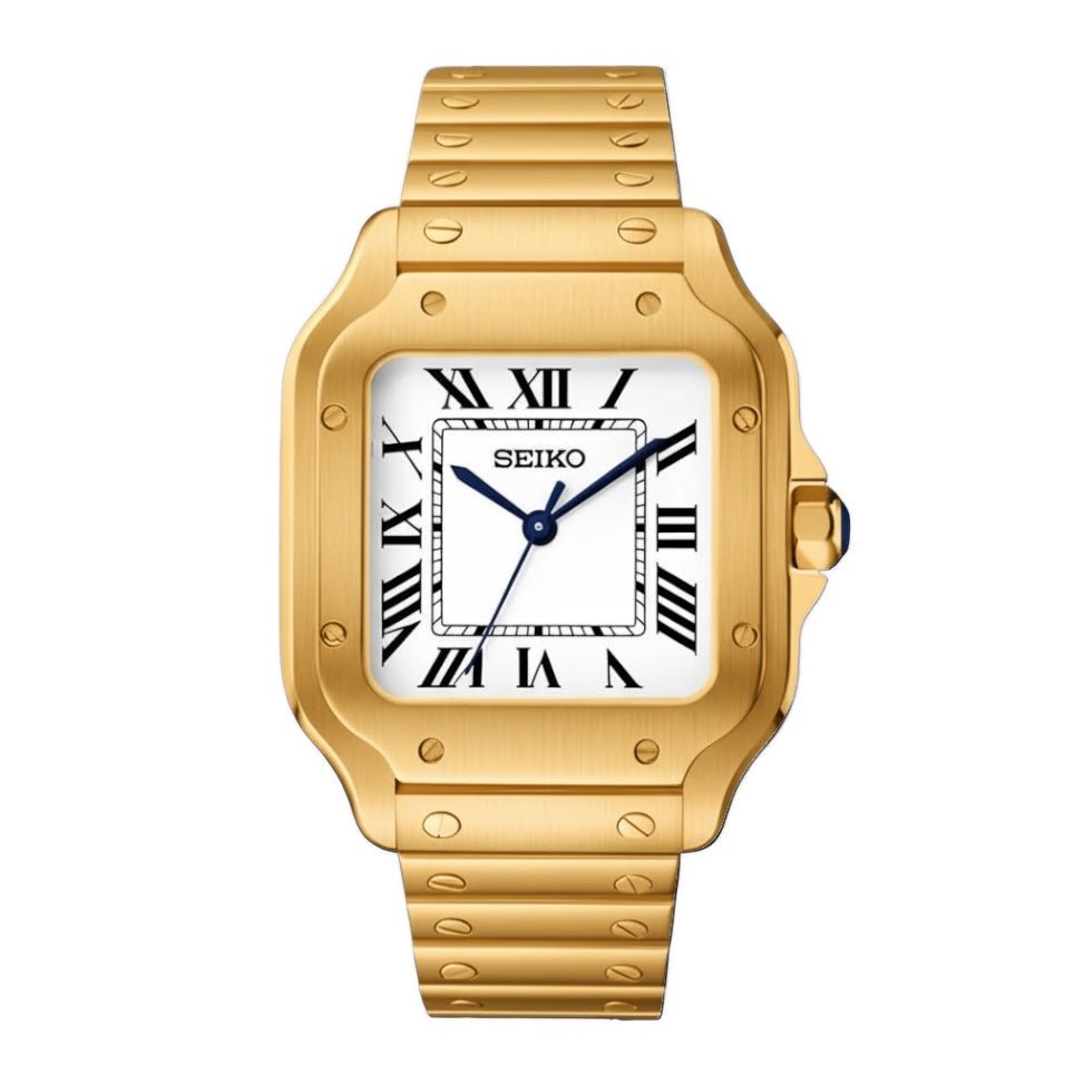 Montre automatique ModTime de style Santos — configuration aux tons dorés et blancs (NH38), boîtier aux tons dorés, aiguilles bleues, vue de face sur fond blanc