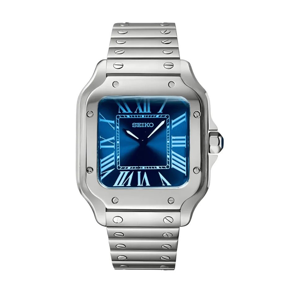 Montre automatique ModTime de style Santos — configuration argentée et bleue (NH38), cadran bleu, chiffres romains, vue de face sur fond blanc