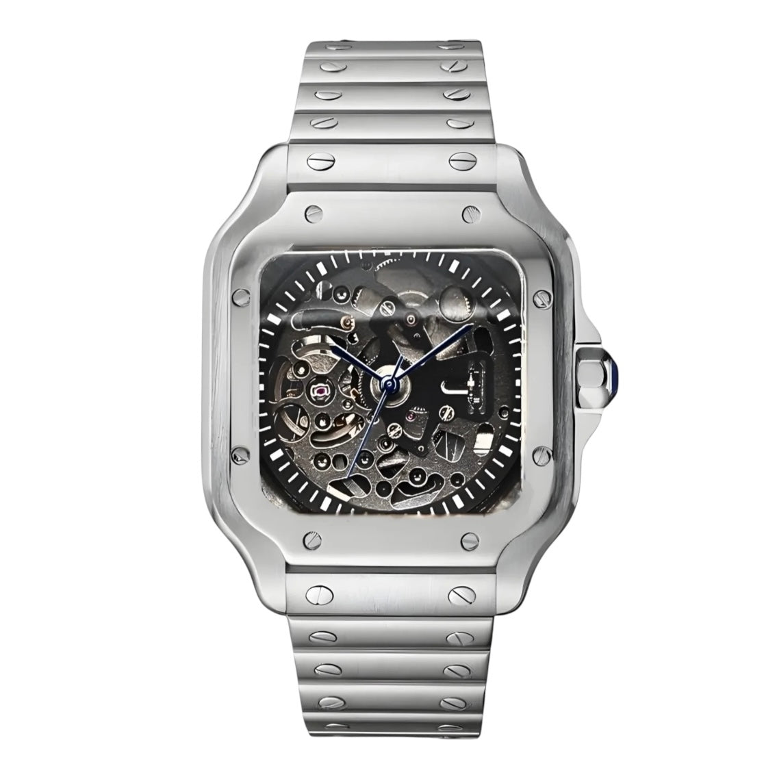 Montre automatique ModTime de style Santos — configuration argentée, squelette (NH38), boîtier aux tons argentés, cadran ouvert, vue de face