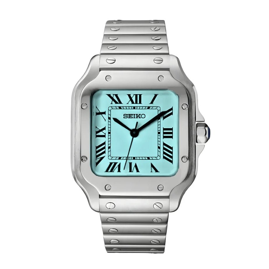 Montre automatique ModTime de style Santos — configuration argentée, «Tiffany» (NH38), cadran turquoise, chiffres romains noirs, vue de face sur fond blanc