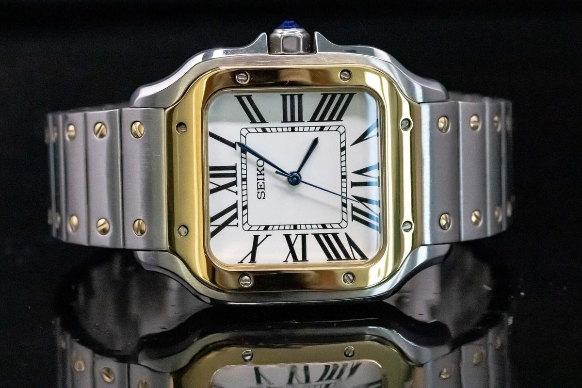 Montre automatique ModTime de style Santos — configuration bicolore et blanche (NH38), cadran blanc, chiffres romains, sur le côté avec reflet