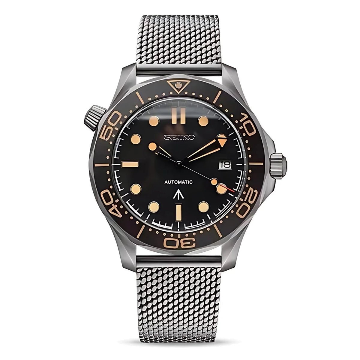 Collection ModTime Seamaster, Montre automatique Seahorse — configuration argentée et noire (NH35), cadran noir, bracelet en maille, vue de face