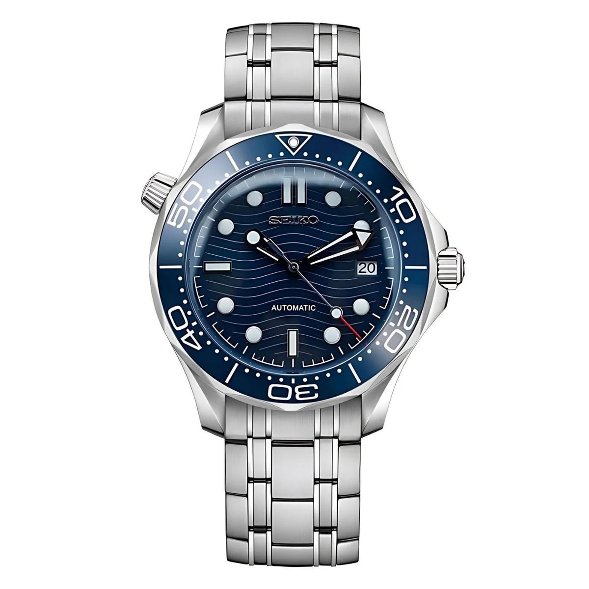 Montre automatique ModTime de style Seamaster — configuration argentée et bleue (NH35), cadran bleu, motif ondulé, vue de face