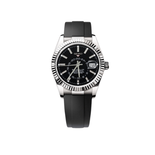 Montre automatique ModTime de style Sky-Dweller — configuration cadran noir et bracelet en caoutchouc (NH35), cadran noir, lunette cannelée aux tons argentés, vue de face