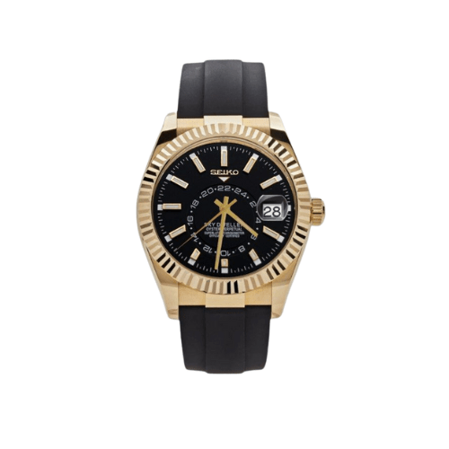 Montre automatique ModTime de style Sky-Dweller — configuration aux tons dorés (NH35), cadran noir, bracelet en caoutchouc noir, lunette aux tons dorés, vue de face