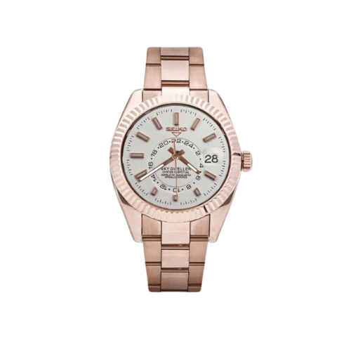 Montre automatique ModTime de style Sky-Dweller — configuration aux tons or rose (NH35), cadran clair, bracelet aux tons rosés, vue de face