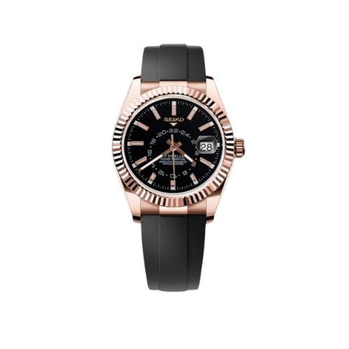 Montre automatique ModTime de style Sky-Dweller — configuration aux tons or rose (NH35), cadran noir, bracelet en caoutchouc noir, lunette cannelée, vue de face