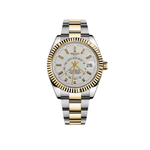 Montre automatique ModTime de style Sky-Dweller — configuration bicolore (NH35), cadran clair, bracelet bicolore, vue de face