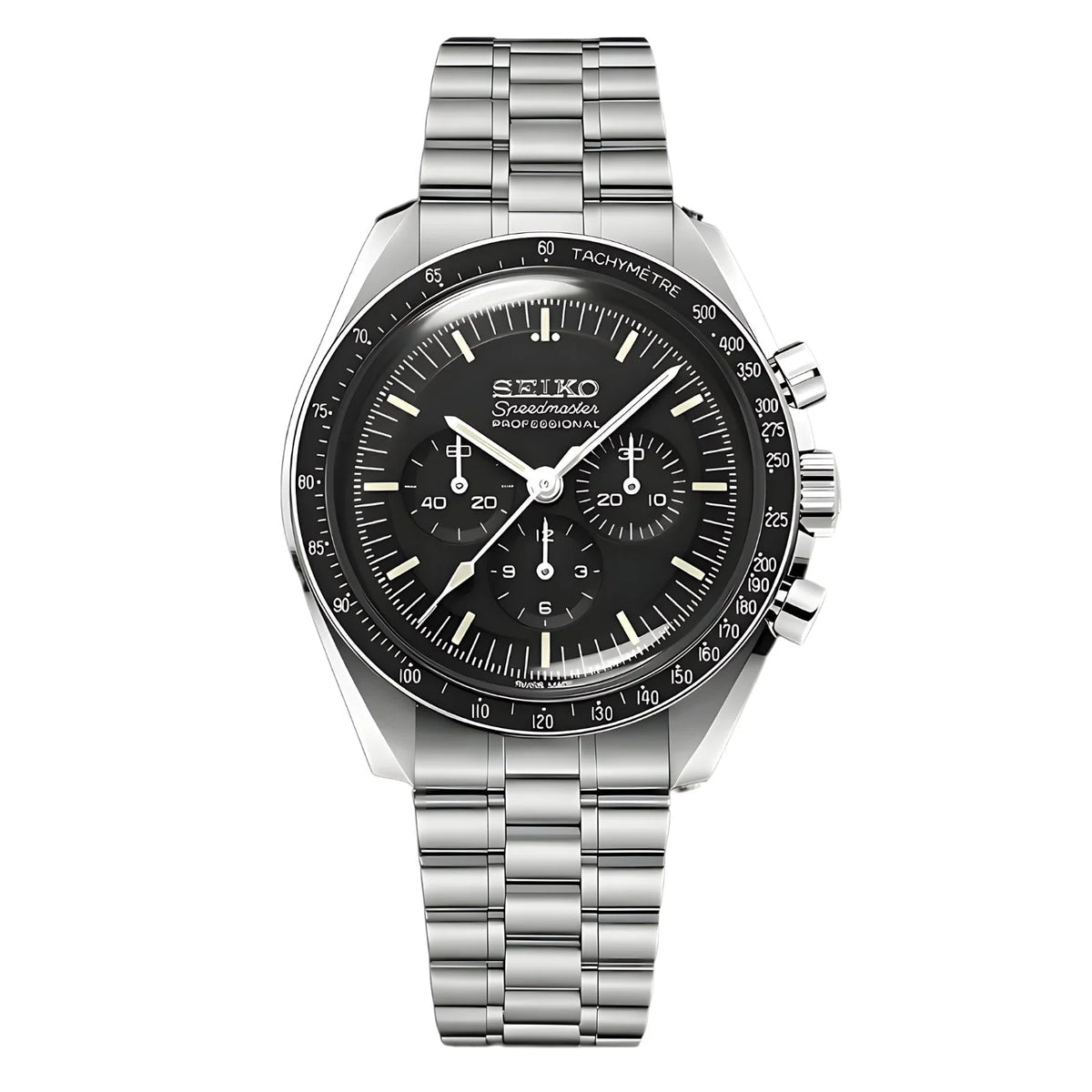 Chronographe méca-quartz ModTime de style Speedmaster — configuration argentée et noire (VK63), cadran noir, lunette tachymétrique, vue de face