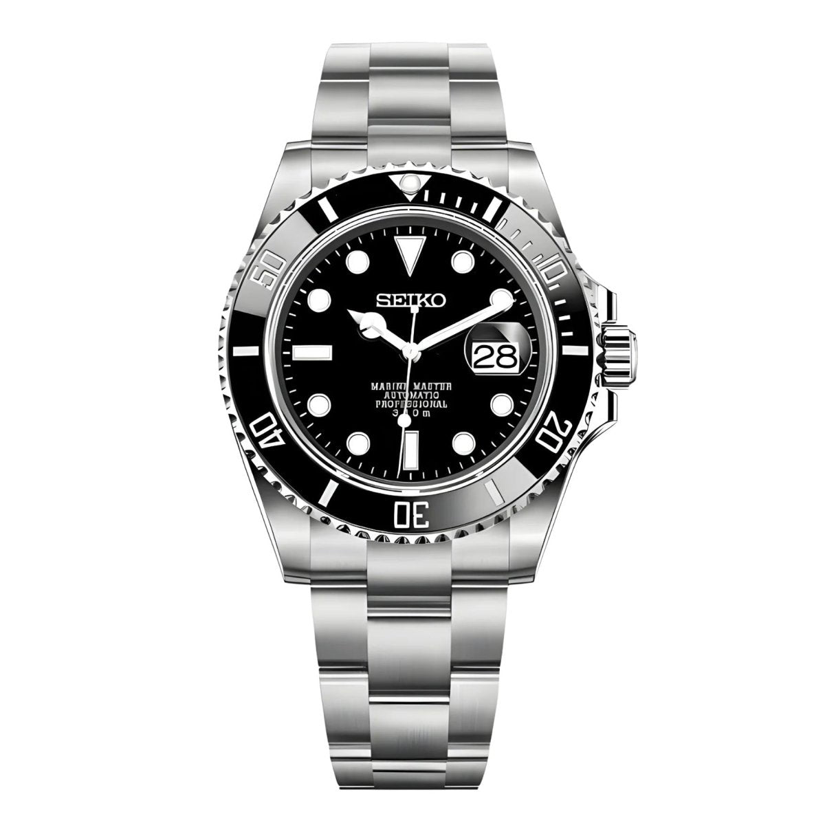 Montre automatique ModTime de style Submariner — configuration argentée et noire (NH35), cadran noir, lunette numérotée, vue de face