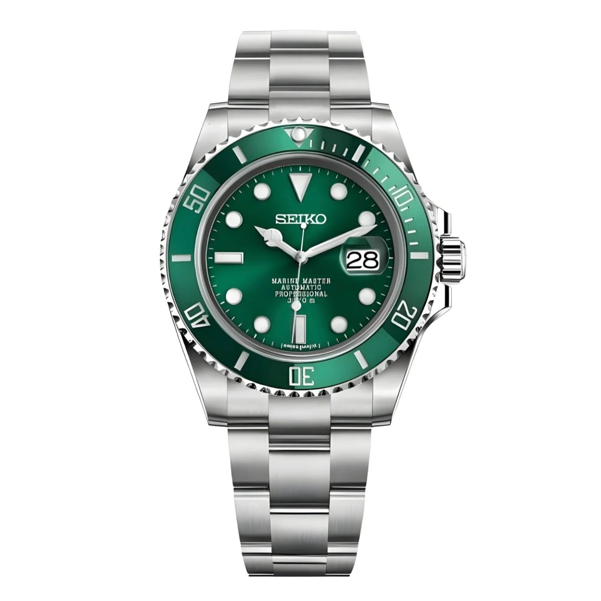 Montre automatique de style Submariner — configuration argentée, cadran «Hulk» (NH35) avec cadran vert, loupe de date, vue de face