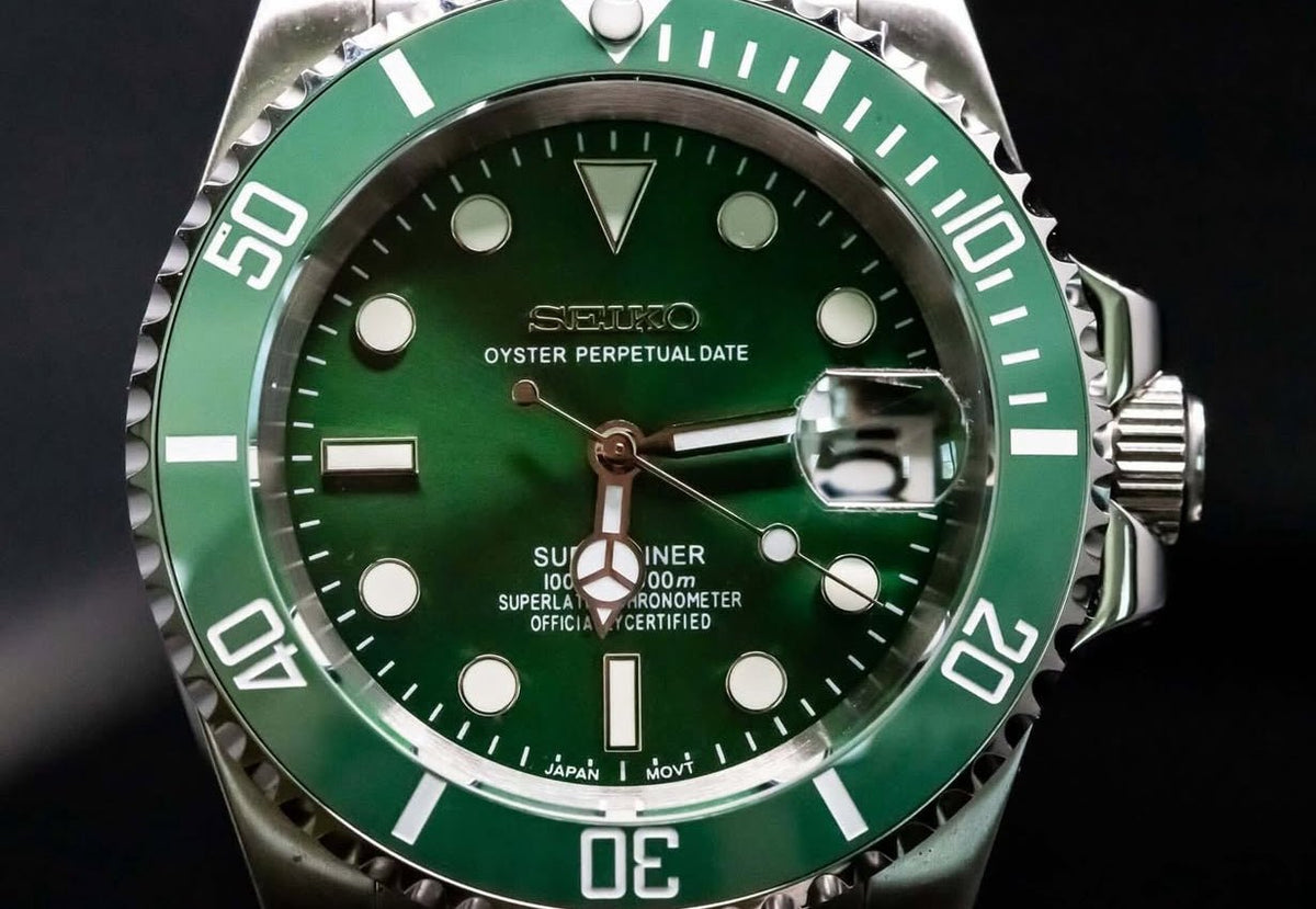 Montre automatique de style Submariner — configuration argentée, cadran «Hulk» (NH35) avec cadran vert, finition soleillée, gros plan du cadran