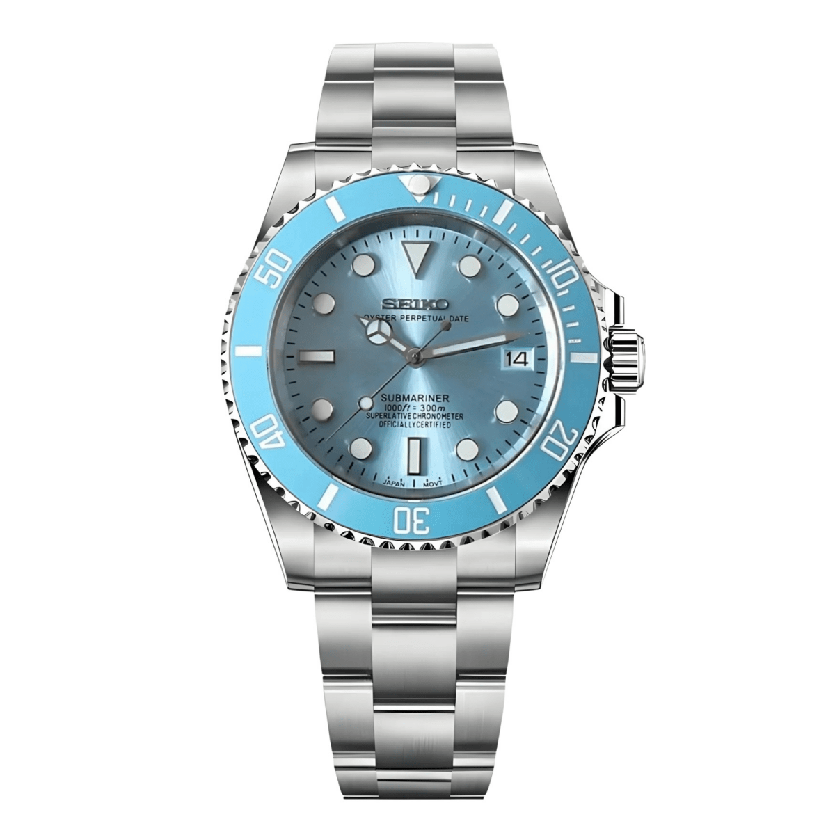 Montre automatique de style Submariner — configuration argentée, cadran bleu ciel (NH35) avec cadran bleu pâle, guichet de date, vue de face