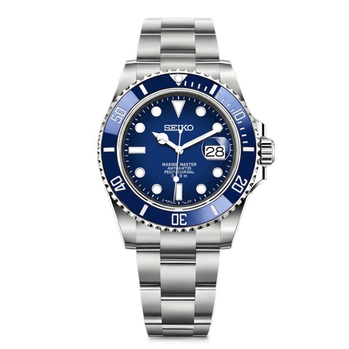 Montre automatique de style Submariner — configuration argentée, cadran «Smurf» (NH35) avec cadran bleu, loupe de date, vue de face