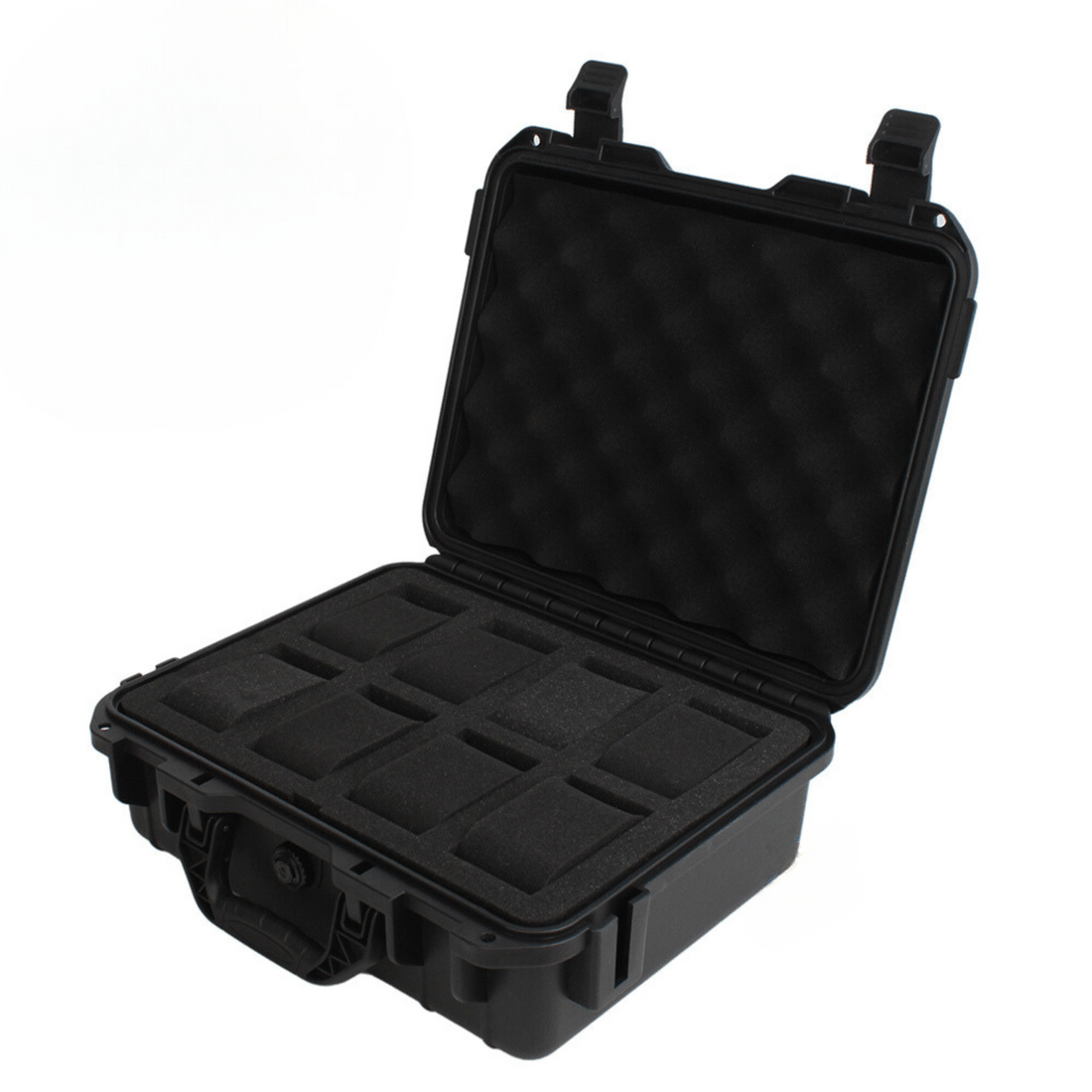 Boîte Watch Security Box noire ModTime, insert en mousse compartimenté et couvercle rembourré, vue ouverte en biais sur fond blanc