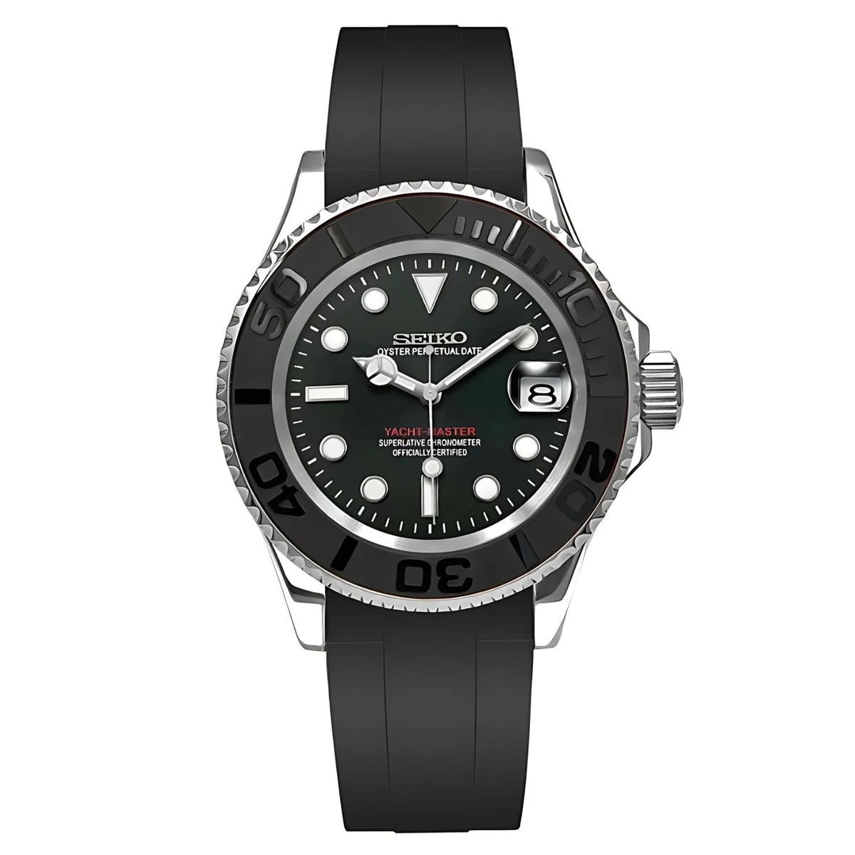 Montre automatique ModTime de style Yachtmaster — configuration cadran noir et bracelet en caoutchouc (NH35), cadran noir, lunette numérotée, vue de face sur fond blanc