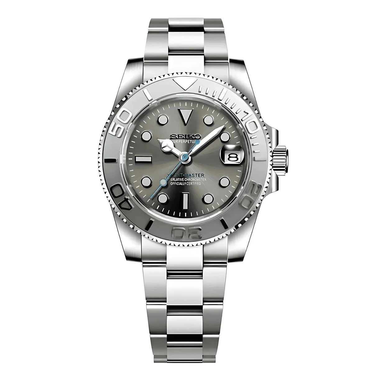 Montre automatique ModTime de style Yachtmaster — configuration cadran gris (NH35), cadran gris, aiguille des secondes bleue, vue de face sur fond blanc