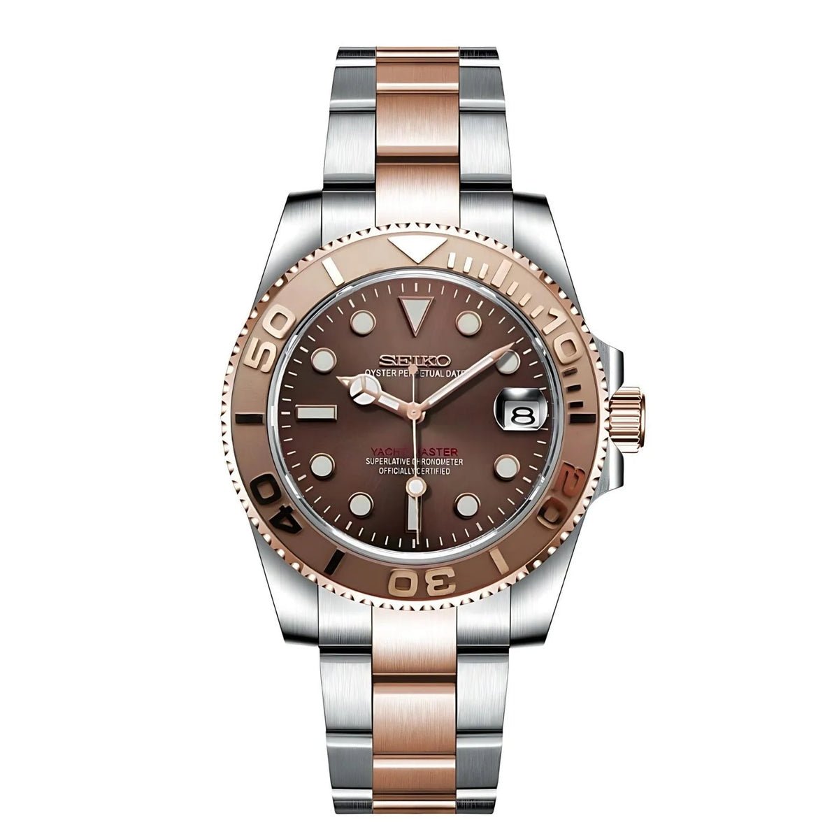 Montre automatique ModTime de style Yachtmaster — configuration bicolore aux tons or rose (NH35), bracelet bicolore, lunette numérotée, vue de face sur fond blanc