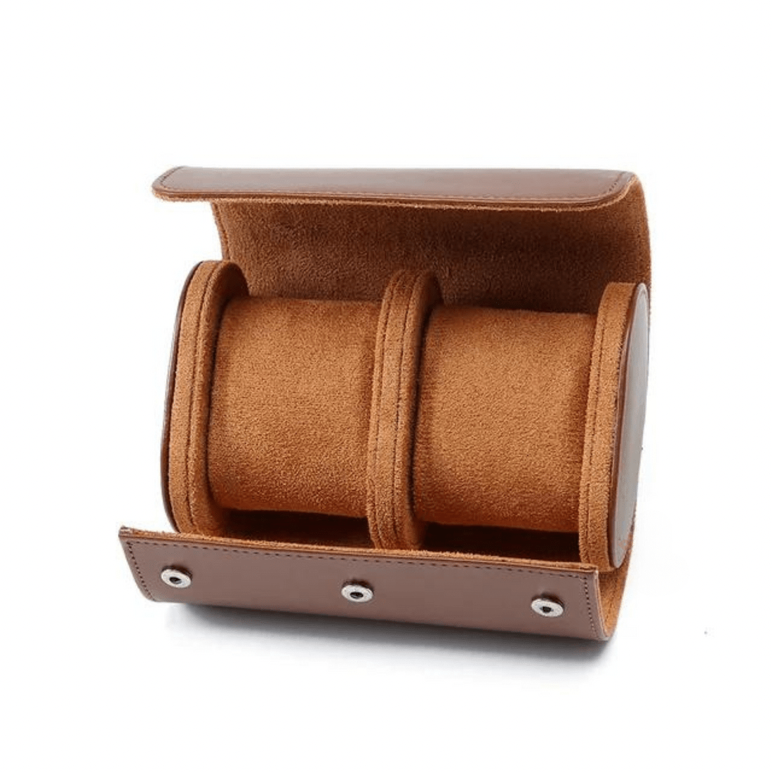 Étui de voyage marron ModTime pour deux montres, doublure beige et deux coussins séparés, vue ouverte en biais sur fond blanc