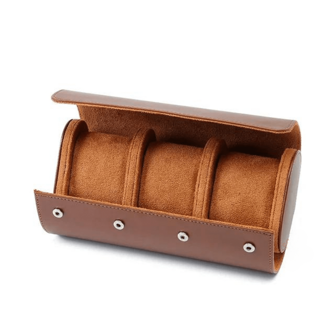 Étui de voyage marron ModTime pour trois montres, doublure beige, trois coussins et boutons-pression, vue ouverte en biais
