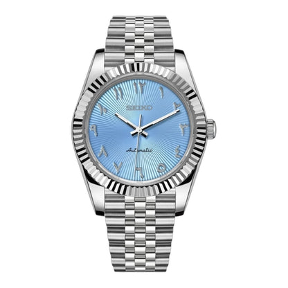 Seiko Mod DateJust Silver Arabic Light Blue Dial Jubilee, NH35 Automatic Movement, Sapphire Crystal, 904L Stainless Steel