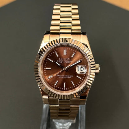 Datejust Mod Rose Gold Chocolate Brown Dial President rose gold and gold Seiko mod style watch with NH35 automatic movement by ModTime - dial detail