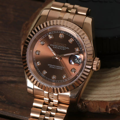 Seiko Mod DateJust Rose Gold Brown Chocolate Diamond Dial Jubilee, NH35 Automatic Movement, Sapphire Crystal, 904L Steel