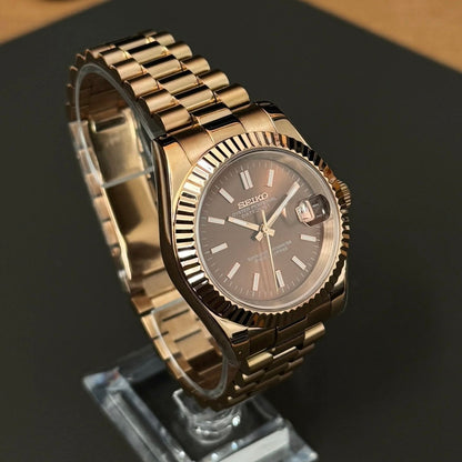 Datejust Mod Rose Gold Chocolate Brown Dial President rose gold and gold Seiko mod style watch with NH35 automatic movement by ModTime - side profile
