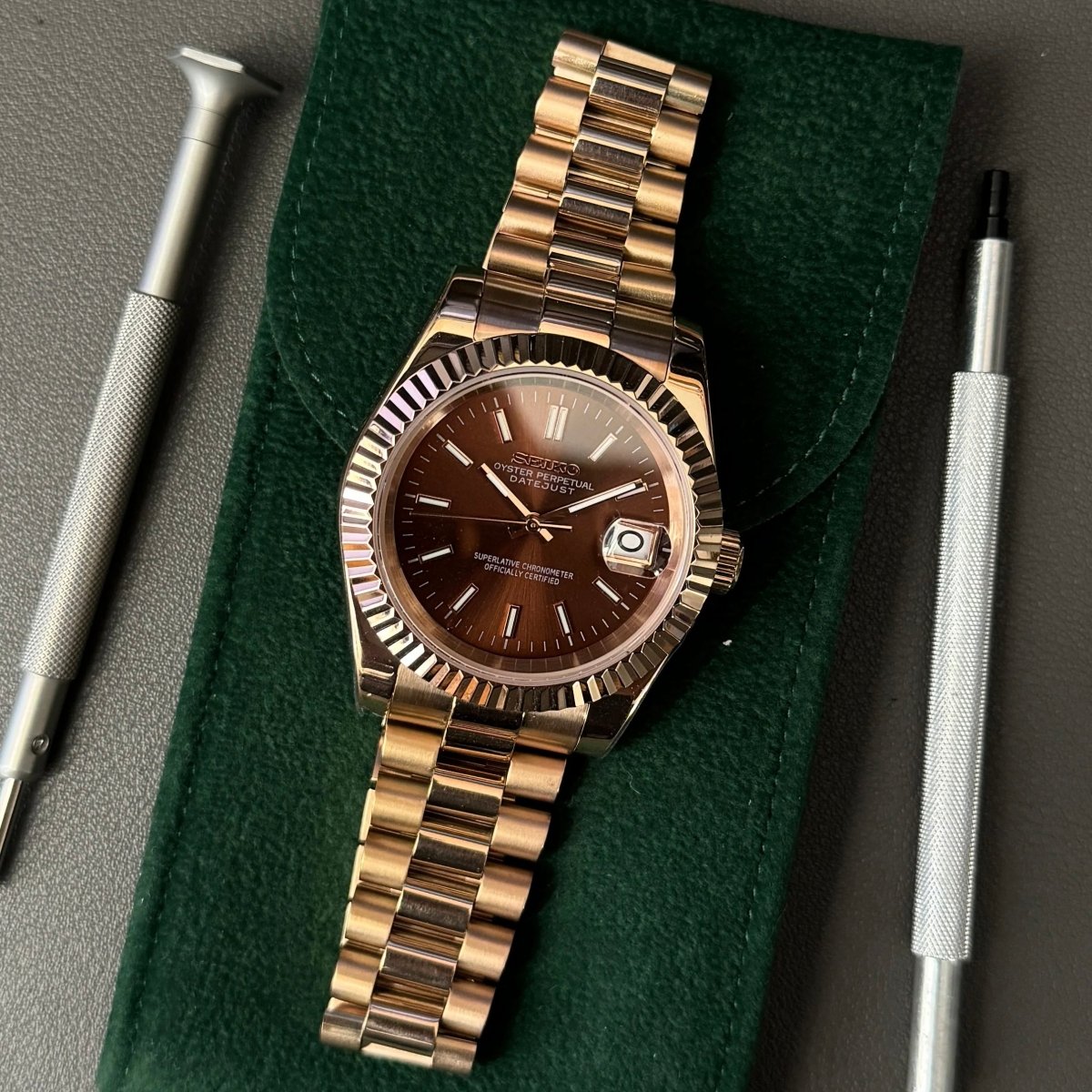 Datejust Mod Rose Gold Chocolate Brown Dial President rose gold and gold Seiko mod style watch with NH35 automatic movement by ModTime - angled dial view
