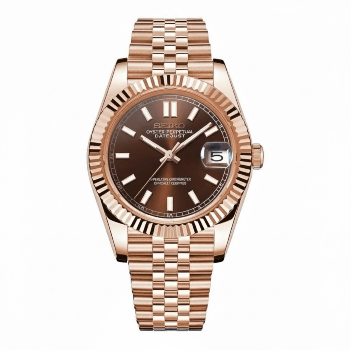 Datejust Mod Rose Gold Chocolate Brown Dial President rose gold and gold Seiko mod style watch with NH35 automatic movement by ModTime - front product view