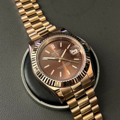 Datejust Mod Rose Gold Chocolate Brown Dial President Seiko mod style watch with NH35 automatic movement by ModTime - wrist or lifestyle view