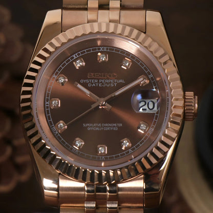 Seiko Mod DateJust Rose Gold Brown Chocolate Diamond Dial Jubilee, NH35 Automatic Movement, Sapphire Crystal, 904L Steel