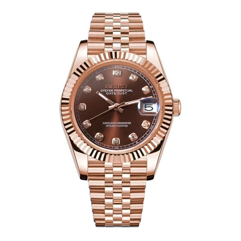 Datejust-style Rose Gold Chocolate Brown NH35 automatic watch, brown dial, gem-set markers, front view