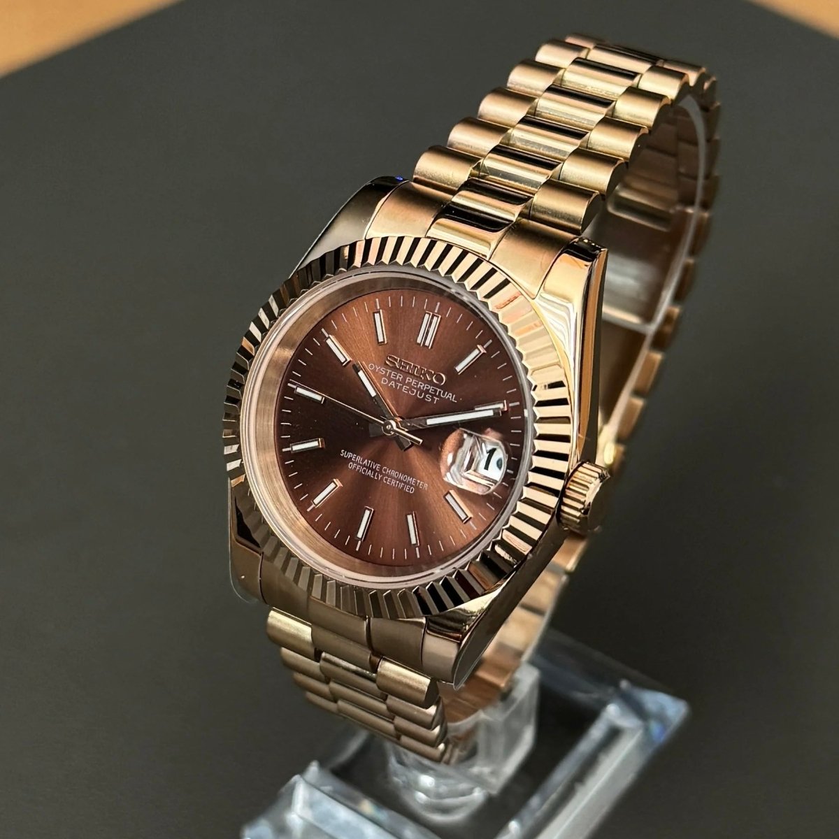 Datejust Mod Rose Gold Chocolate Brown Dial President Seiko mod style watch with NH35 automatic movement by ModTime - case and bracelet detail